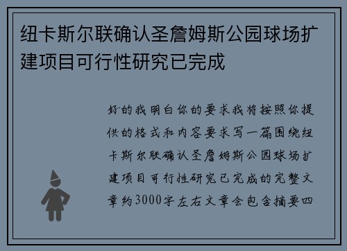 纽卡斯尔联确认圣詹姆斯公园球场扩建项目可行性研究已完成 纽卡斯尔联确认圣詹姆斯公园球场扩建项目可行性研究已完成