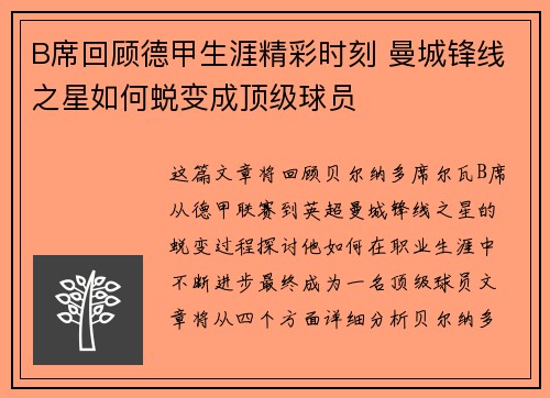 B席回顾德甲生涯精彩时刻 曼城锋线之星如何蜕变成顶级球员 B席回顾德甲生涯精彩时刻 曼城锋线之星如何蜕变成顶级球员