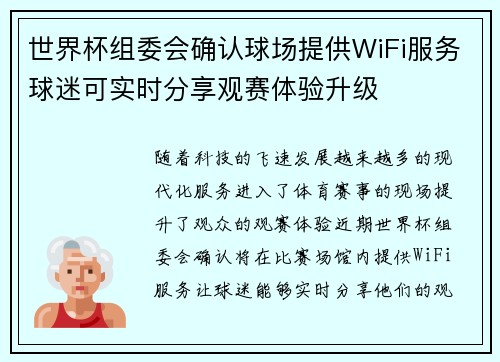 世界杯组委会确认球场提供WiFi服务球迷可实时分享观赛体验升级