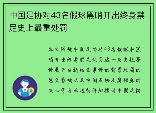 中国足协对43名假球黑哨开出终身禁足史上最重处罚